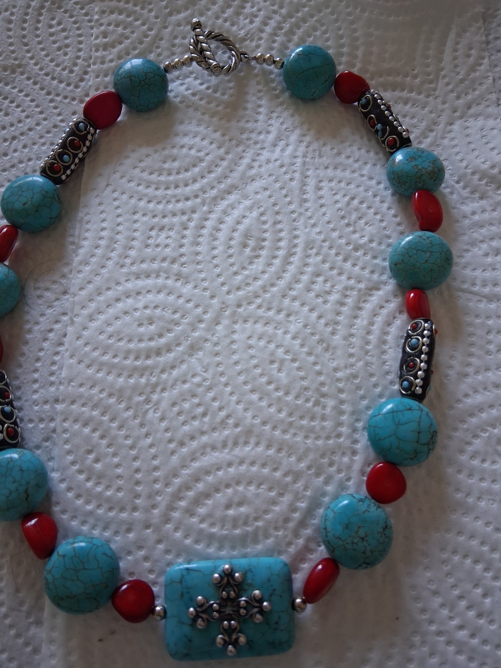 Handmade Turquoise and Red Beaded Necklace with Silver Accents